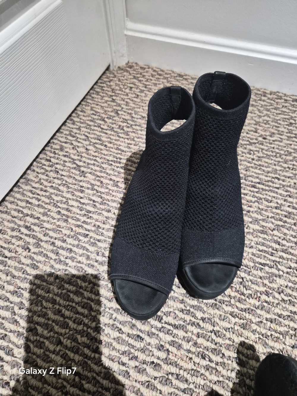 Black Knit Peep-Toe Ankle Boots - Women's